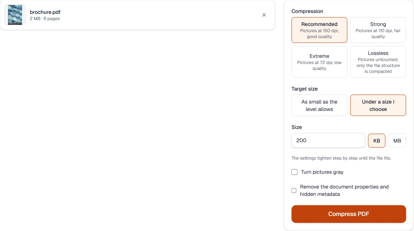 The Compress PDF tool with a sample brochure loaded and a target size of 200 KB typed in