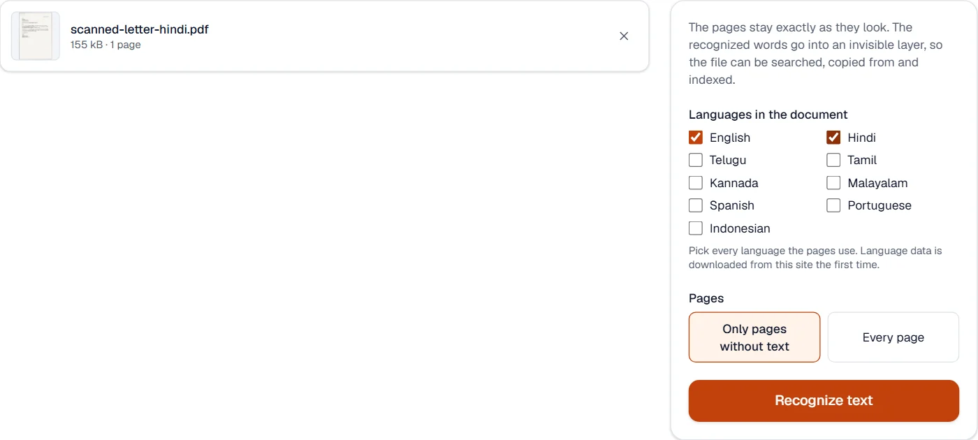 The OCR PDF tool with a scanned Hindi letter loaded and Hindi ticked among the languages